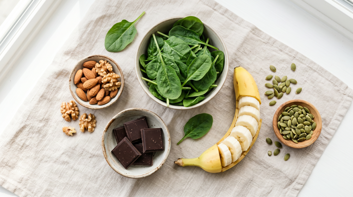 Magnesiumreiche Lebensmittel: Spinat, Mandeln, Walnüsse, dunkle Schokolade, Banane und Kürbiskerne